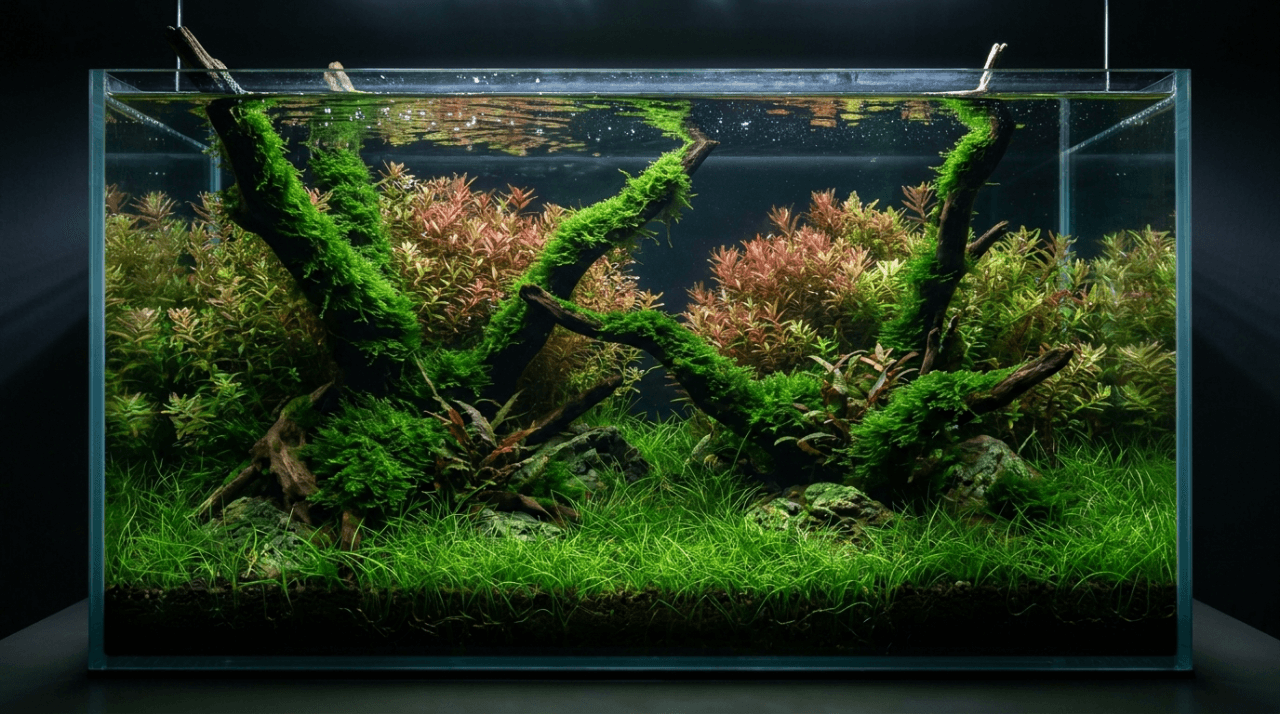 Moss-covered driftwood aquascape with red plants