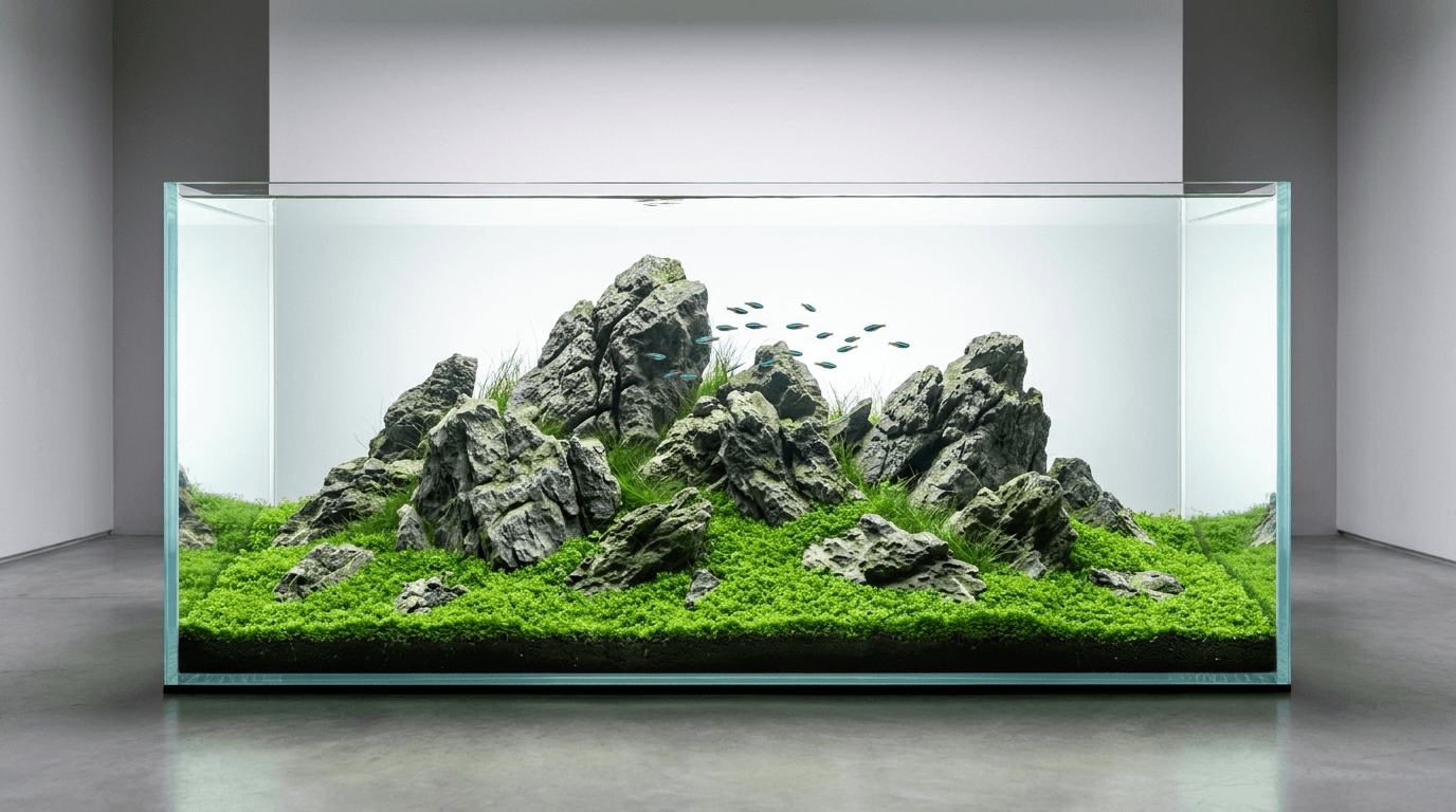 Minimalist mountain-style aquascape