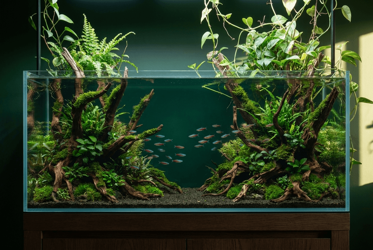 Lush planted aquarium with neon tetras and emersed greenery
