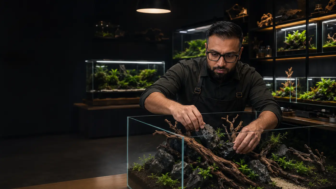 An aquascaper composing driftwood and stone hardscape in a display aquarium at the Glass Garden studio