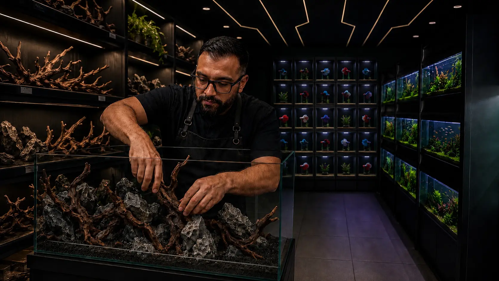 Inside the Glass Garden Aquatics studio — hardscape and driftwood displays beside a wall of individually lit betta tanks